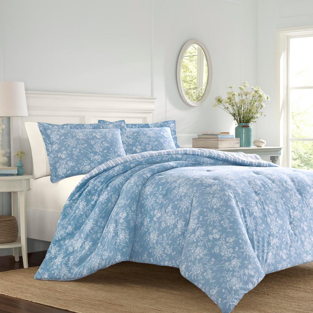 Laura Ashley Walled 3 Piece Blue White Full Queen Comforter Set