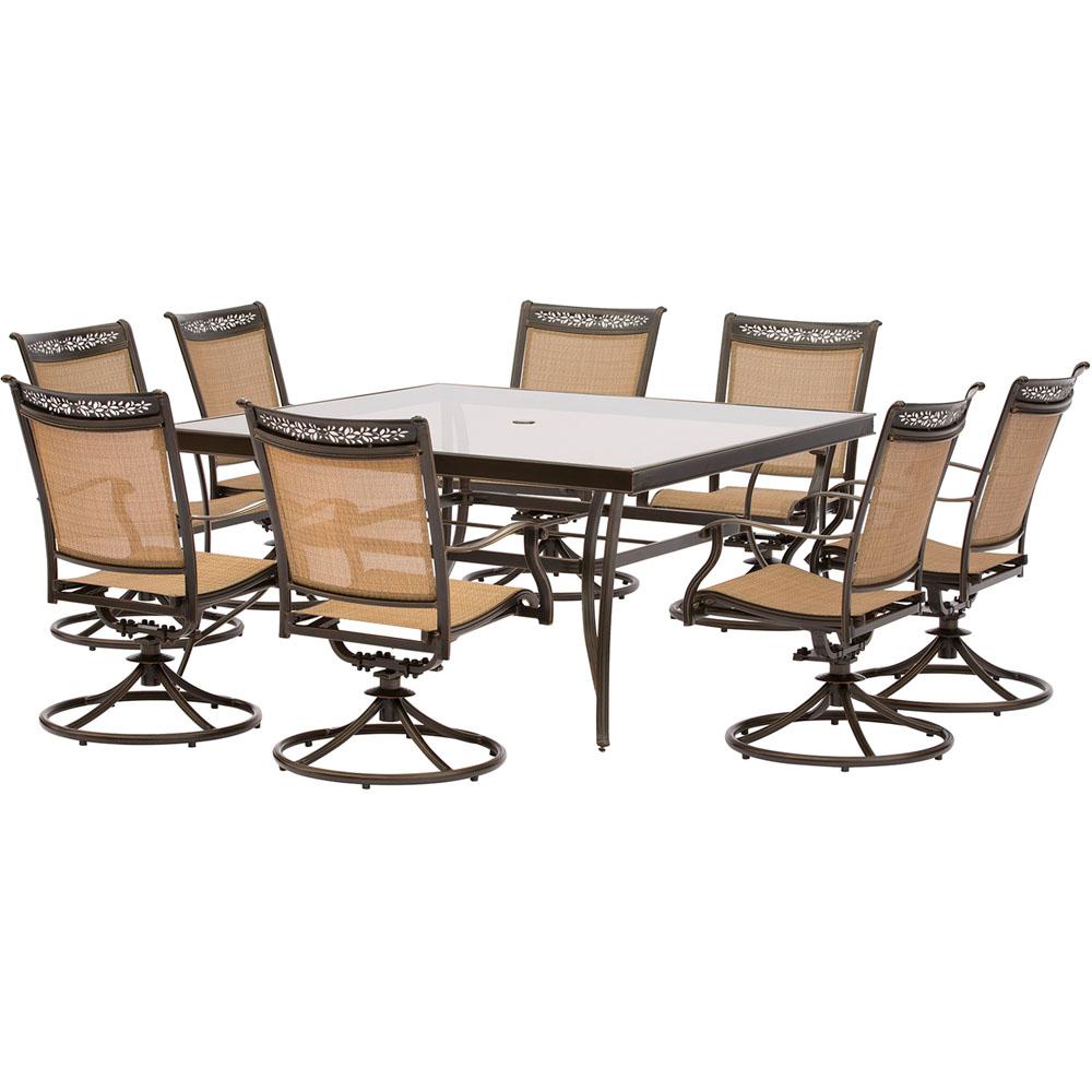 Hanover Fontana 9Piece Aluminum Square Outdoor Dining Set with Swivels and GlassTop Table 