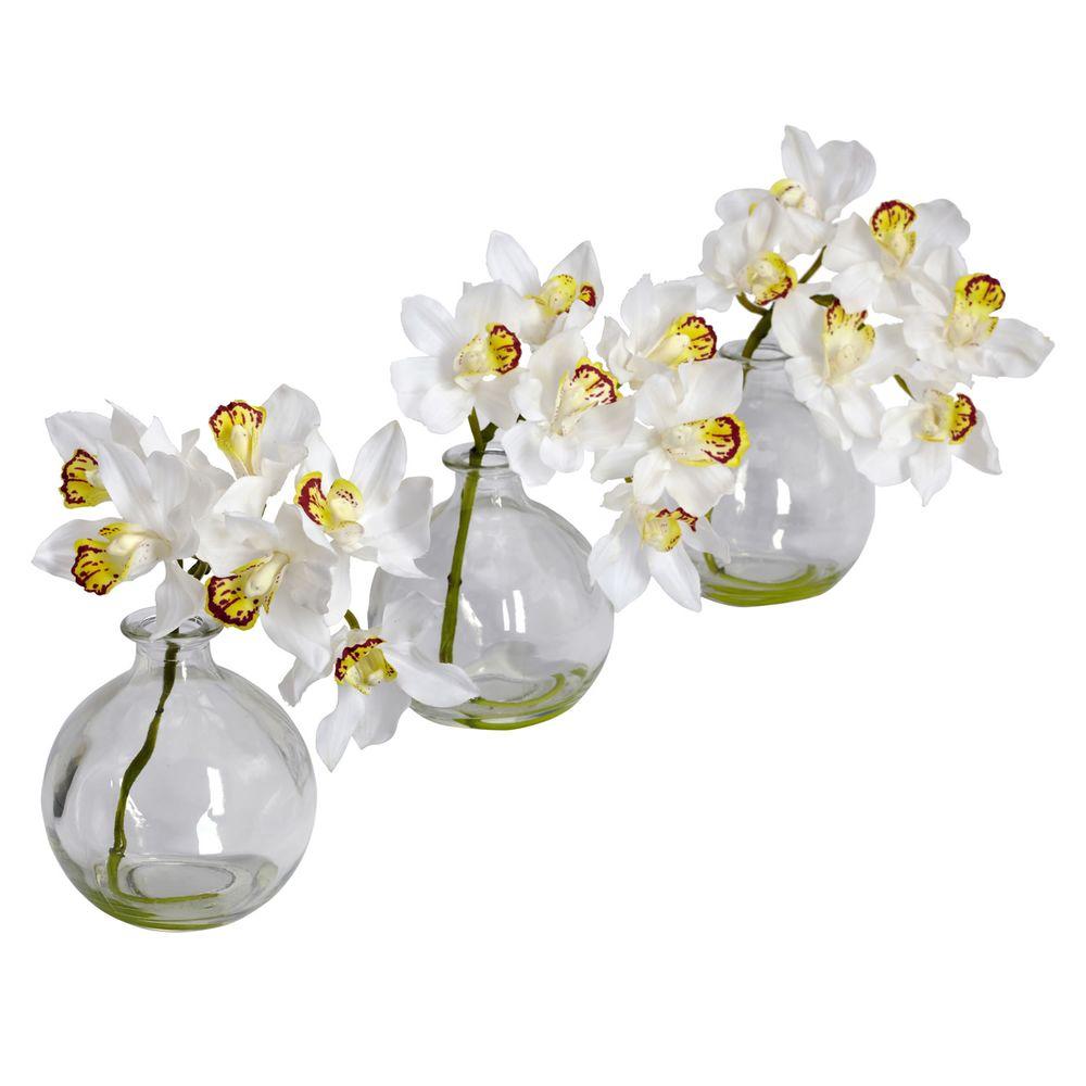 Nearly Natural 8 In H White Cymbidium With Vase Silk Flower Arrangement Set Of 3 4797 The Home Depot