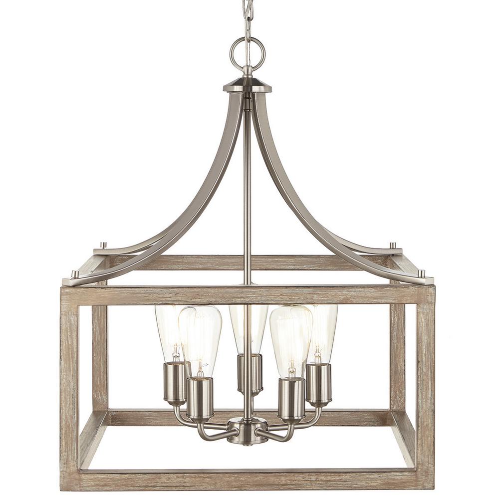 Home Decorators Collection Boswell Quarter 20 In 5 Light Brushed Nickel Dining Room Chandelier With Painted Weathered Gray Wood Accents