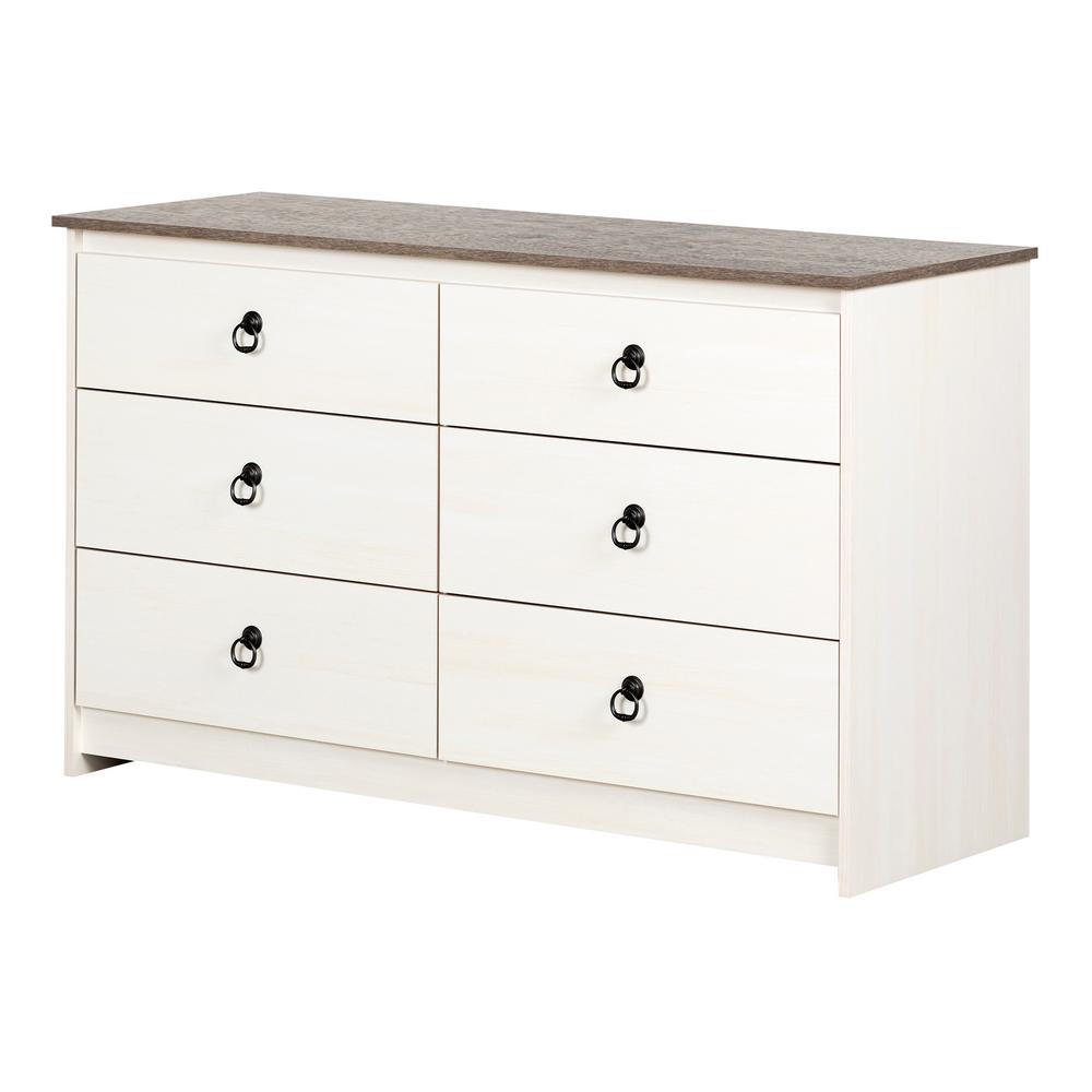 South Shore Plenny 6 Drawer White Wash And Weathered Oak Dresser