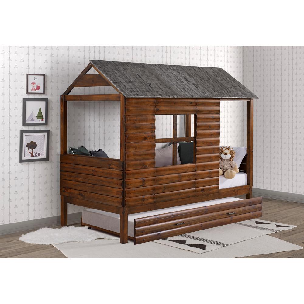 Donco Kids Log Cabin Rustic Walnut And Silver Twin Low Loft Bed With Twin Trundle Bed 2103 Trwrs 2104 Rwrs The Home Depot