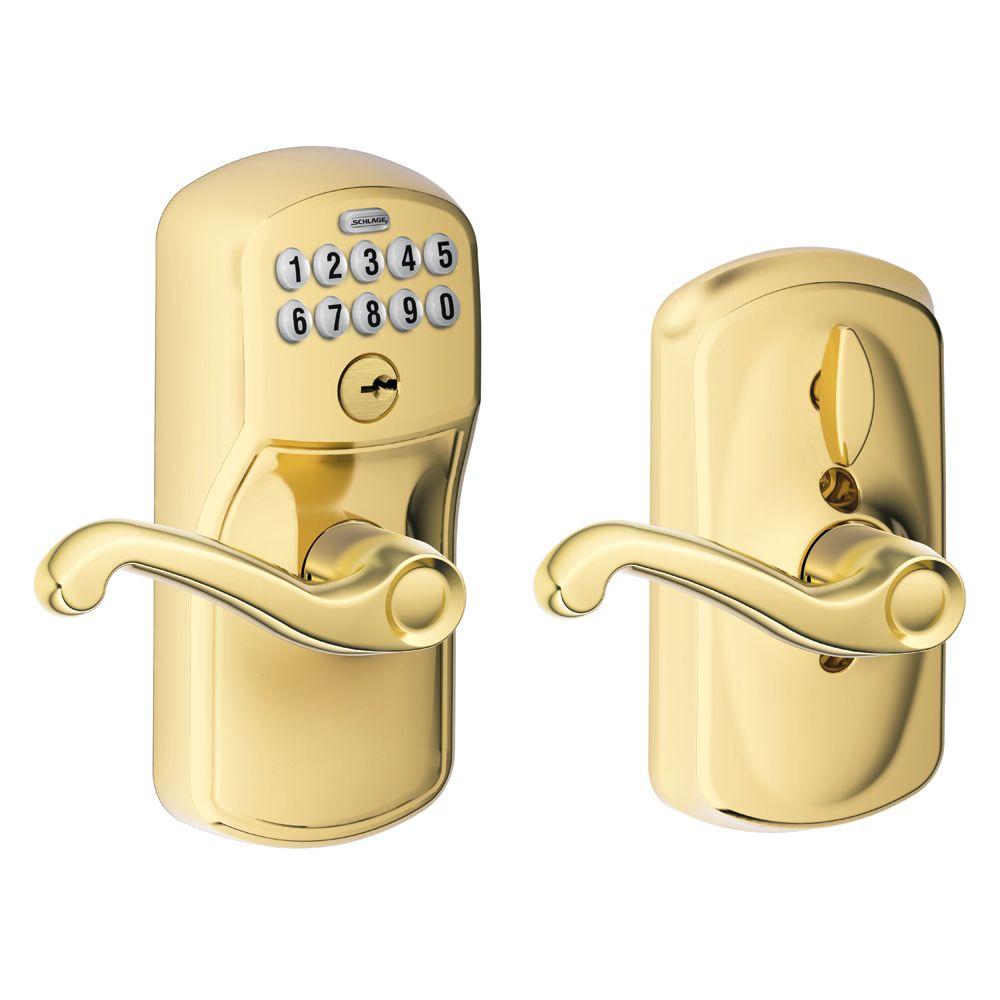 Schlage Flair Bright Brass Keypad Electronic Door Lever with Plymouth Trim... by Schlage