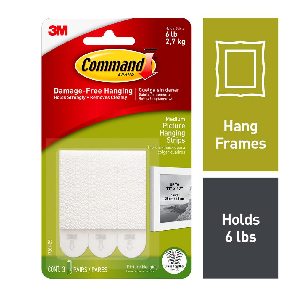 3M Command Picture Hanging Strips, Medium, White, 3/Pkg.