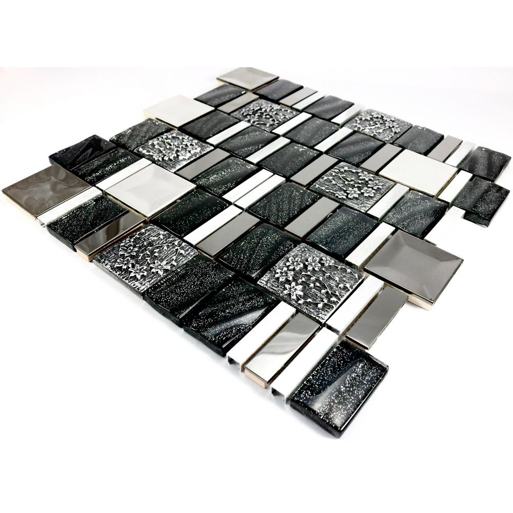 *SAMPLE Black Silver /& White Textured Glass /& Aluminum Kitchen Bath Mosaic Tile