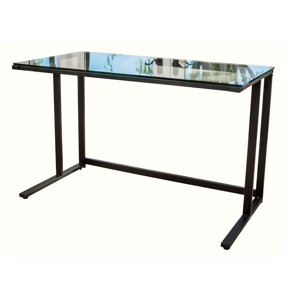 Noble House Eghan Black Metal Computer Desk With Clear Tempered