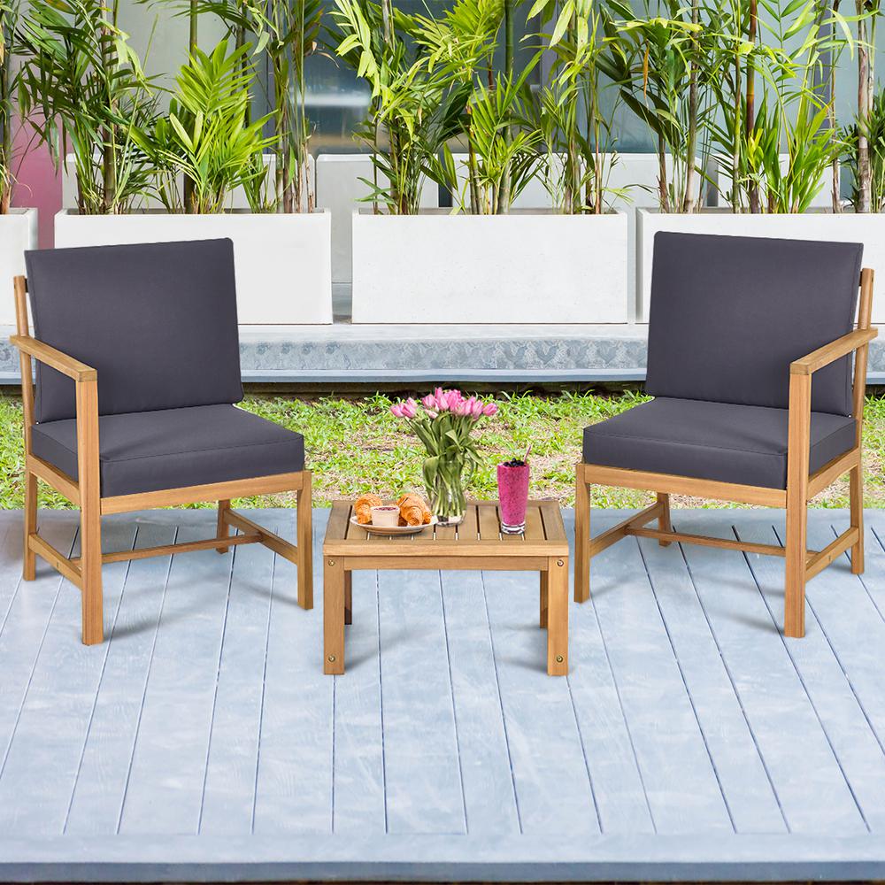 Costway Stackable Solid Teak Wood Outdoor Patio Table Chairs Set With Grey Cushions 3 Pieces Op70387 The Home Depot