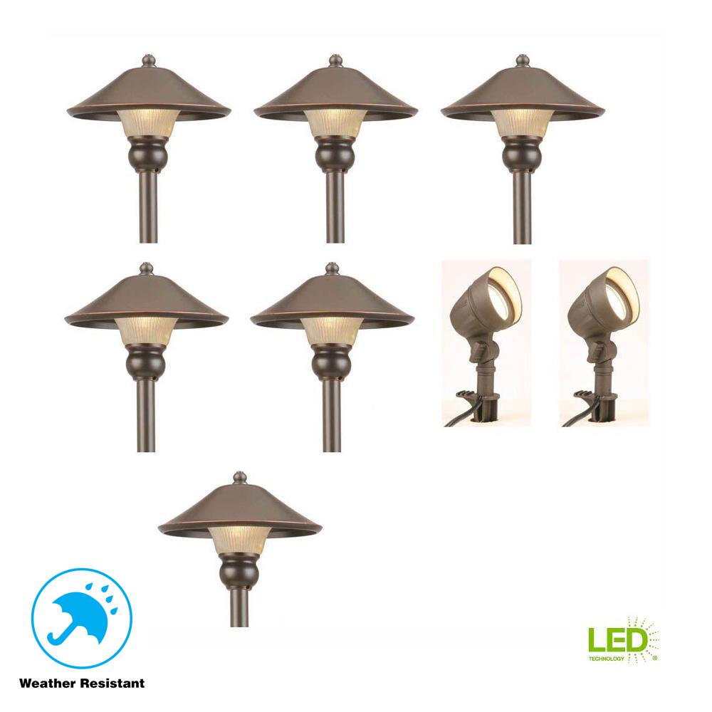 Low-Voltage Bronze Outdoor Integrated LED Landscape Path Light and Flood Light Kit (8-Pack)