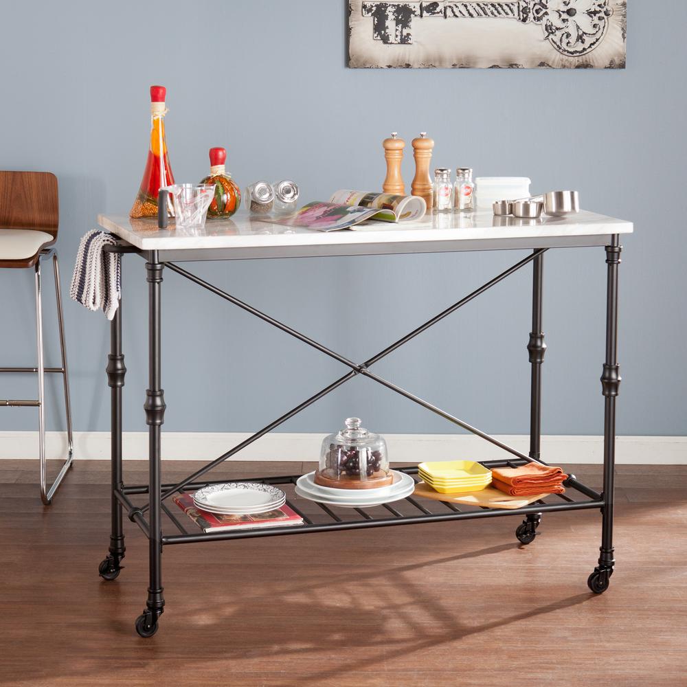Southern Enterprises Black Serving Cart With Faux Marble Top