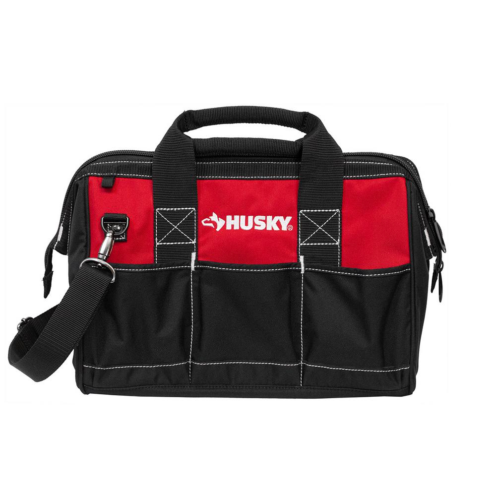 Husky 15 in. Wide Mouth Water Resistant Metal Hardware Dual-Zipper Tool Storage Bag with Adjustable Strap and 8 Pockets, Red/Black