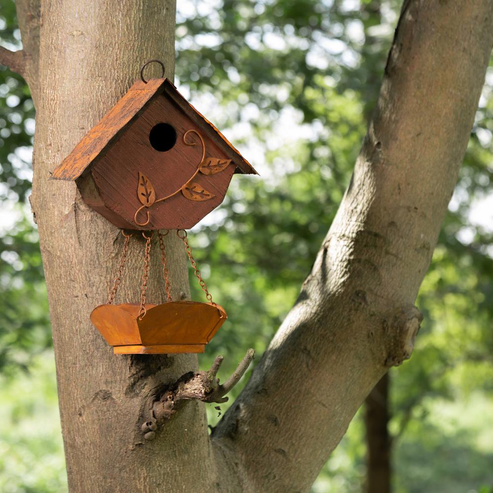 Glitzhome 13 In H Distressed Solid Wood Birdhouse With Bird Bath 6941327136963 The Home Depot