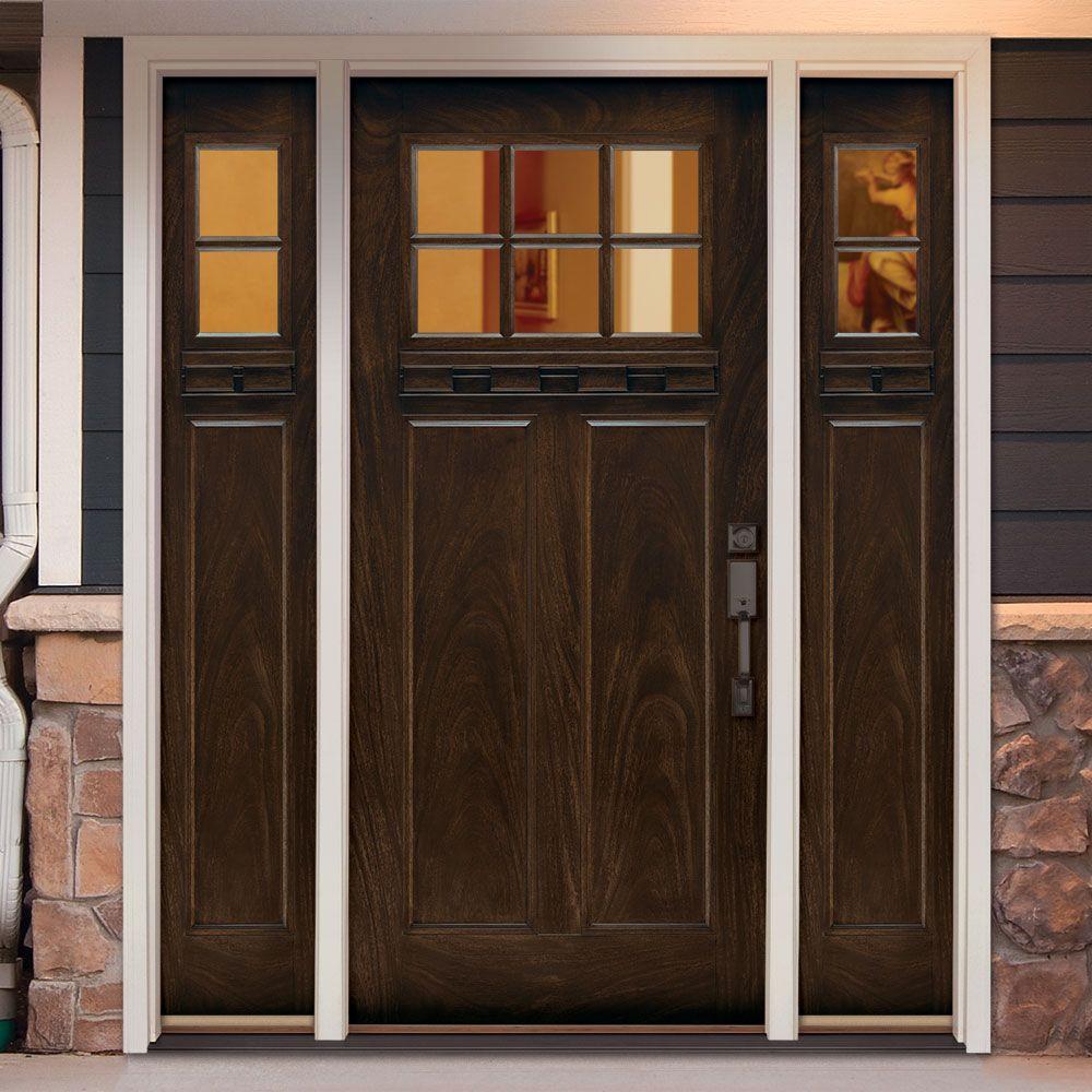 Feather River Doors 63 5 In X81 625 In 6 Lt Clear Craftsman Stained Chestnut Mahogany Right Hand Fiberglass Prehung Front Door W Sidelites