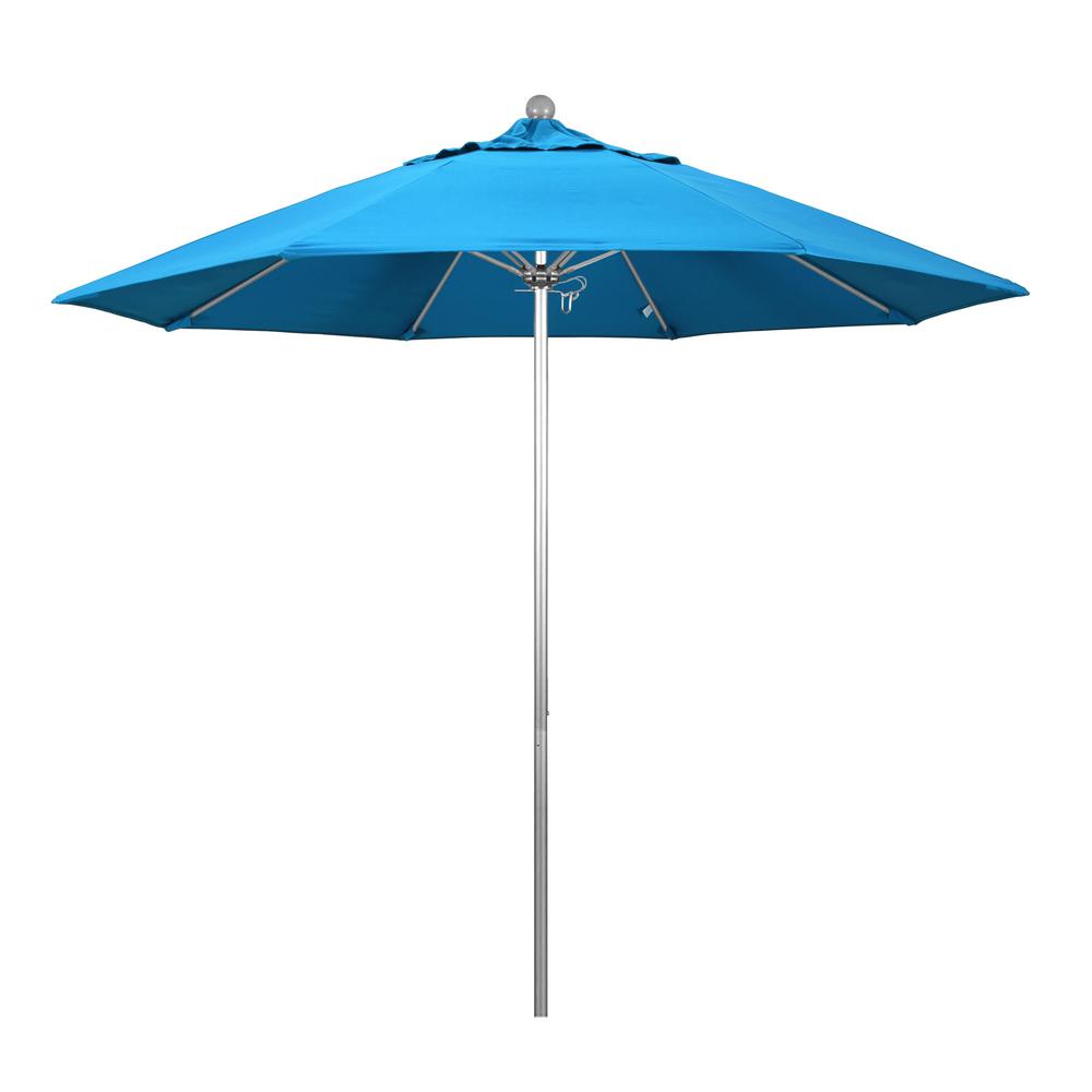 California Umbrella 9 Ft Silver Anodized Aluminum Push Lift Market Patio Umbrella In Canvas Cyan Sunbrella Alto908002 56105 The Home Depot