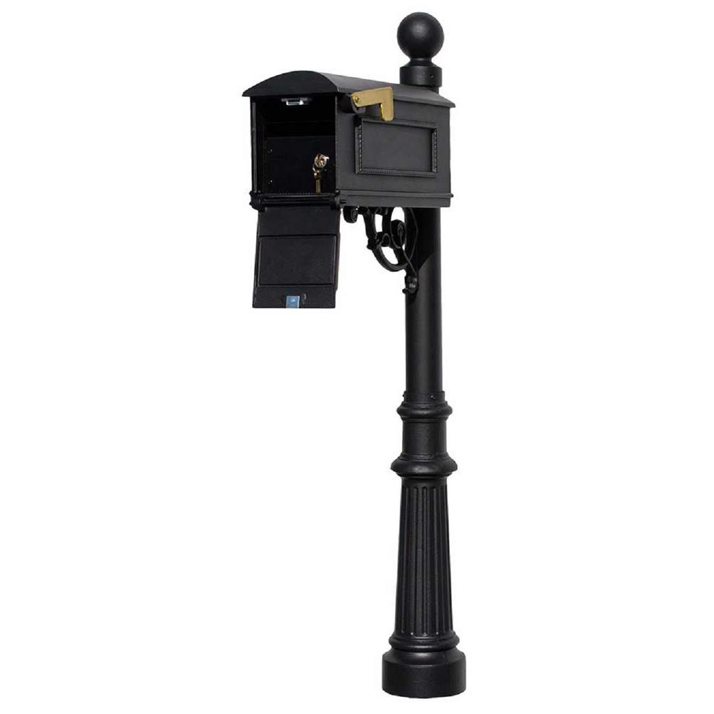 Lewiston Black Post Mount Locking Insert Mailbox with Decorative Fluted ...