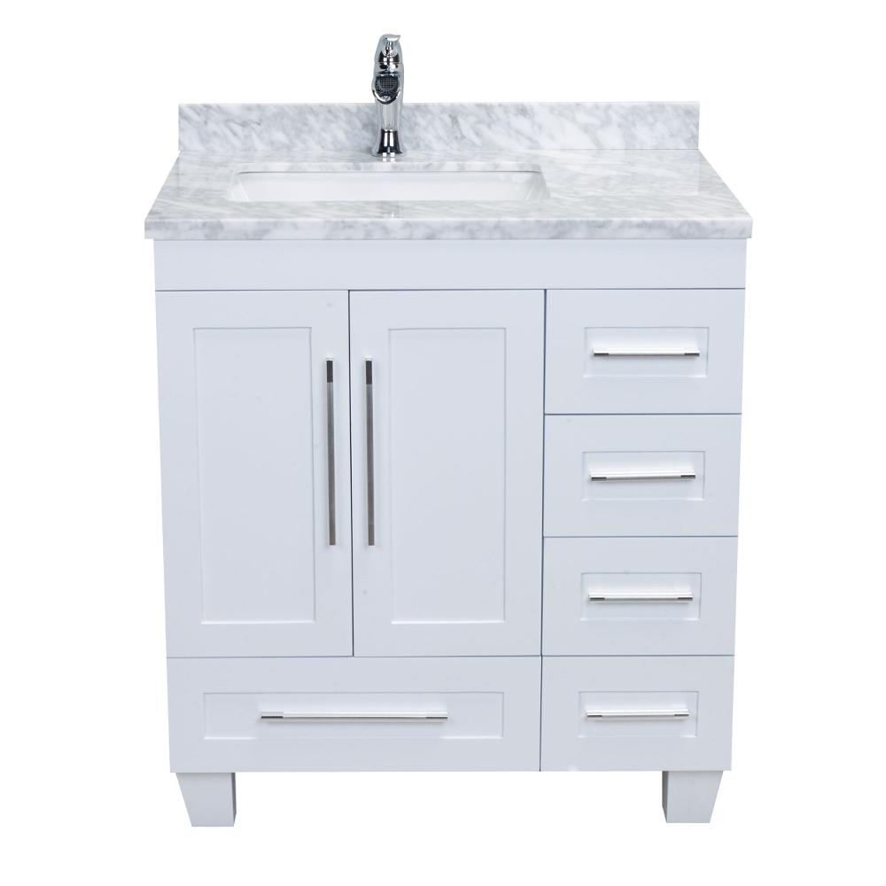 Eviva Loon 30.50 in. W x 22 in. D x 34 in. H Vanity in White with Carrera Marble Vanity Top in ...