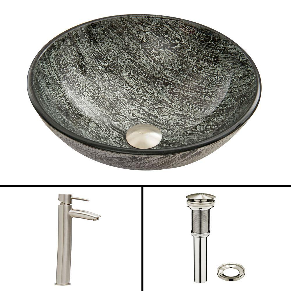 VIGO Glass Vessel Sink in Titanium and Shadow Faucet Set in Brushed