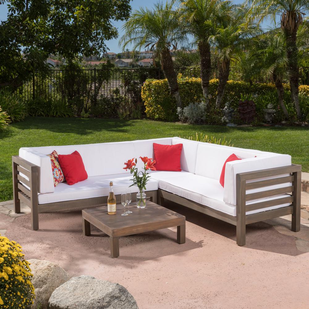 4 Piece Wood Outdoor Sectional Set, Wooden Garden Sofa Set With Cushions