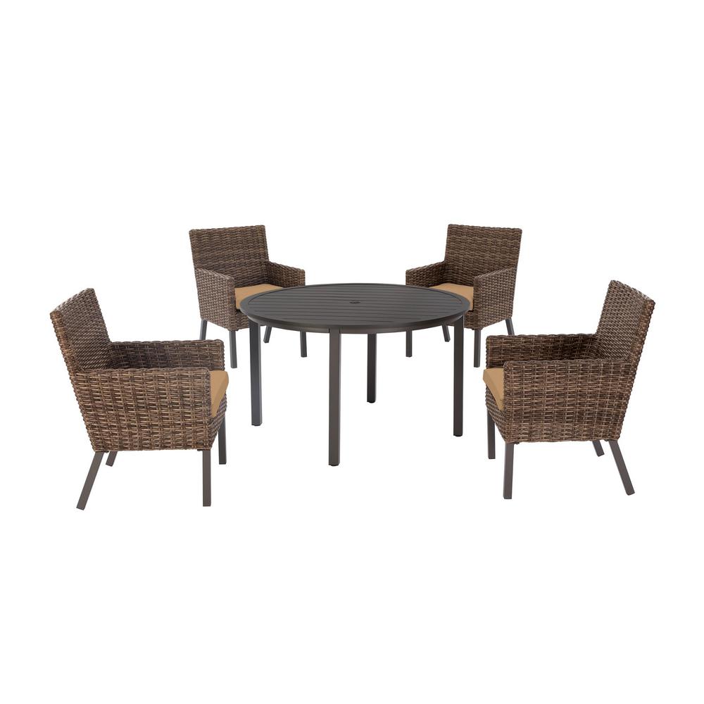 Hampton Bay Fernlake 5 Piece Taupe Wicker Outdoor Patio Dining Set With Cushionguard Toffee Tan Cushions H185 01523600 The Home Depot - Oakshire 5 Piece Wicker Outdoor Patio Dining Set With Tan Cushions Hampton Bay Fernlake 5 Piece Taupe Wicker Outdoor Patio Dining Set With Cushionguard Toffee Tan Cushions H185 01523600 The Home Depot - Oakshire 5 Piece Wicker Outdoor Patio Dining Set With Tan Cushions