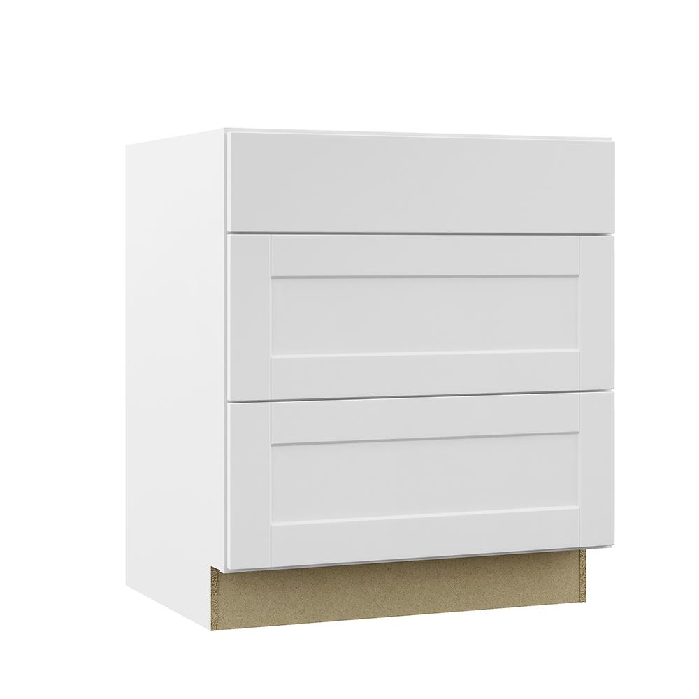 Hampton Bay Shaker Assembled 30x34.5x24 in. Pots and Pans Drawer Base Kitchen Cabinet in Satin ...