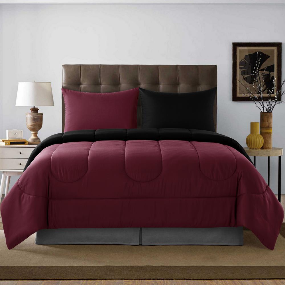 Unbranded Solid 3Piece Black/Burgundy Reversible Full/Queen Microfiber