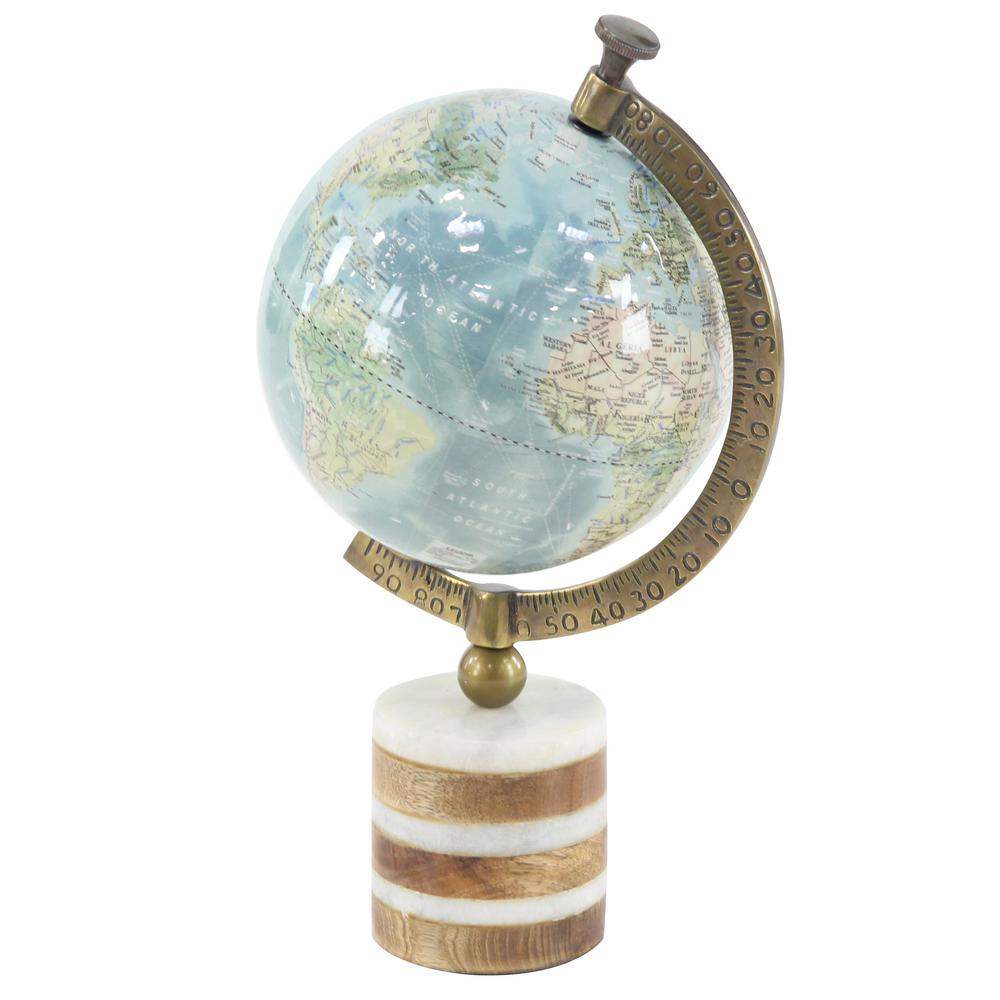 Olivia & May 16" x 9" Geographic Globe with Wood and Marble Base Blue/Green : Coastal Indoor Decor Sculpture