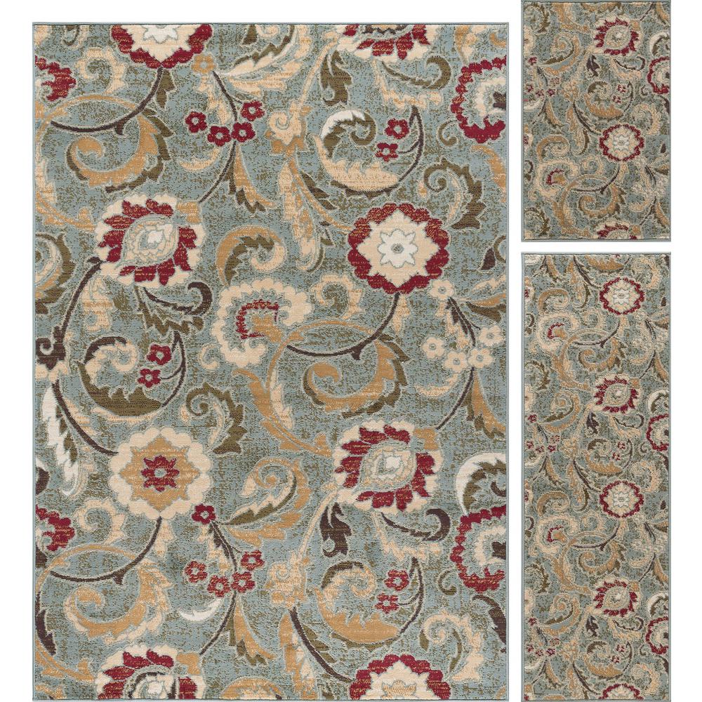 Tayse Rugs Laguna Blue 5 Ft X 7 3 Piece Rug Set
