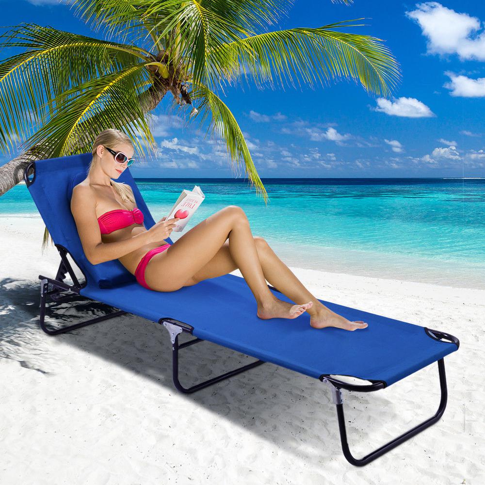 Costway Pool Yard Blue Metal Steel Frame Patio Folding Beach Chair Patio Folding Beach Chair