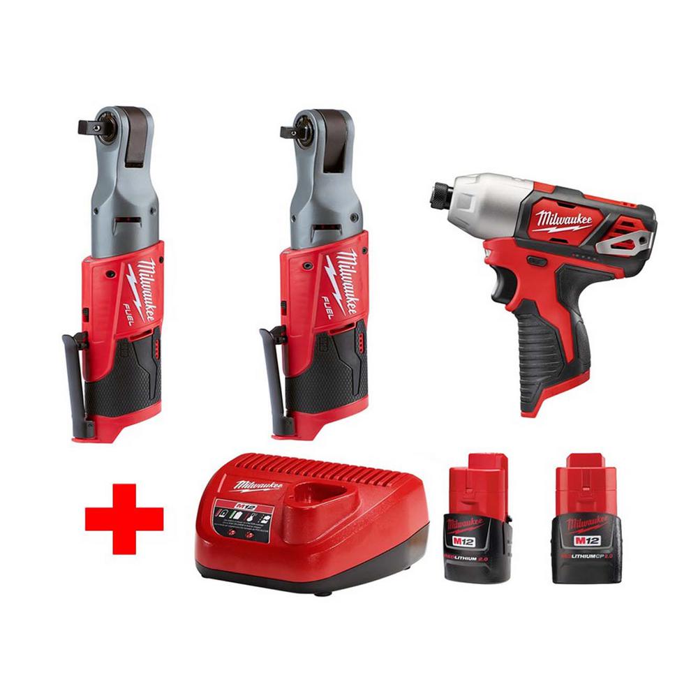 Milwaukee M12 12 Volt Lithium Ion Brushless Cordless Ratchet And Milwaukee M12 12 Volt Lithium Ion Brushless Cordless Ratchet And Impact Combo Kit