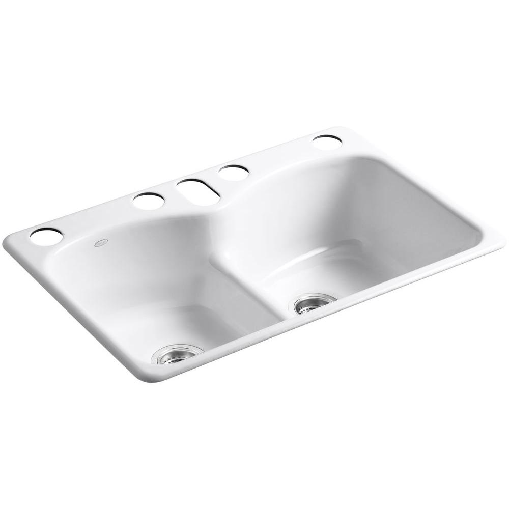 Kohler Langlade Smart Divide Undermount Cast Iron 33 In 6 Hole Double Bowl Kitchen Sink In White