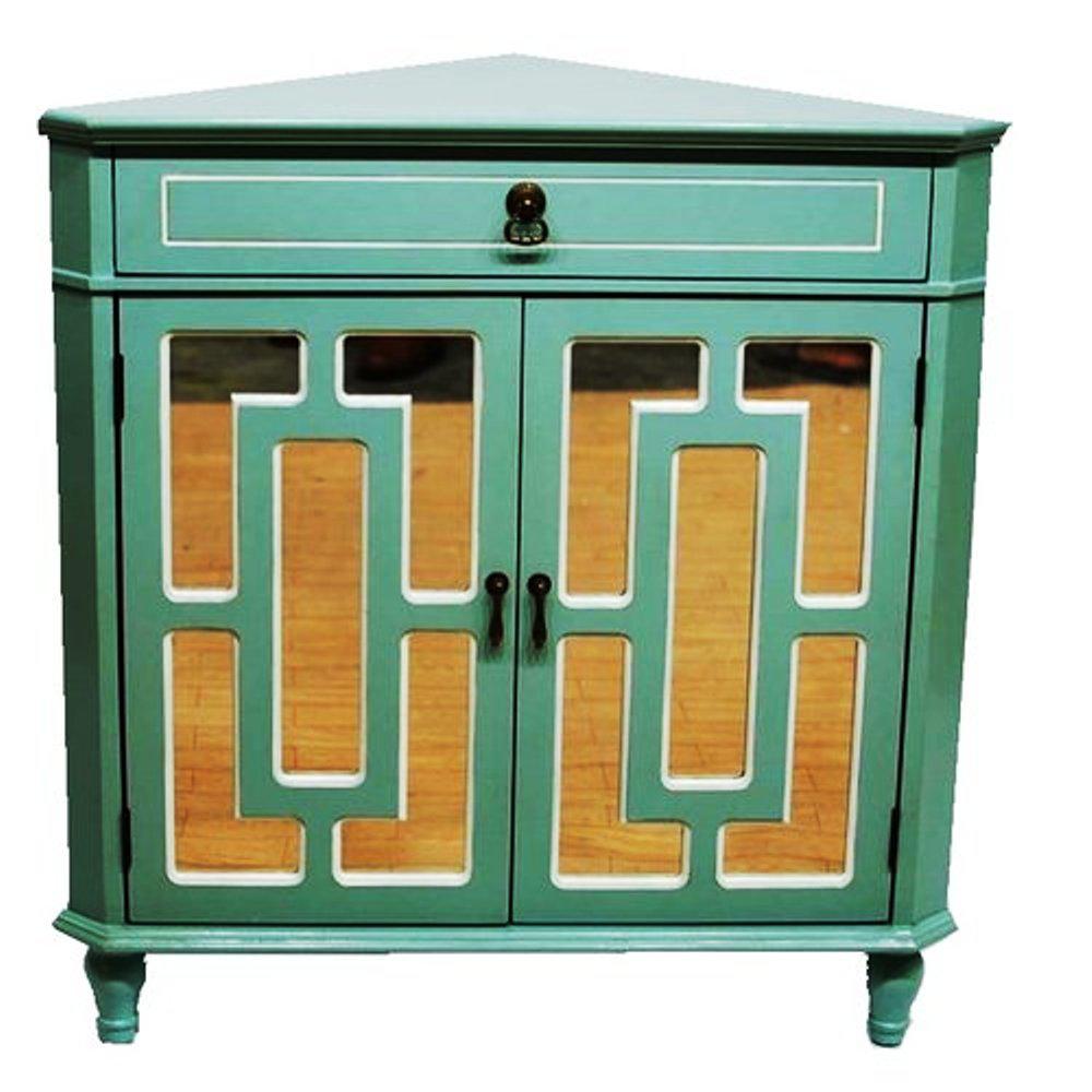 Homeroots Assembled 31 In X 31 In X 17 In Glass Corner Utility Cabinet With Drawer And 2 Doors In Light Blue Wood