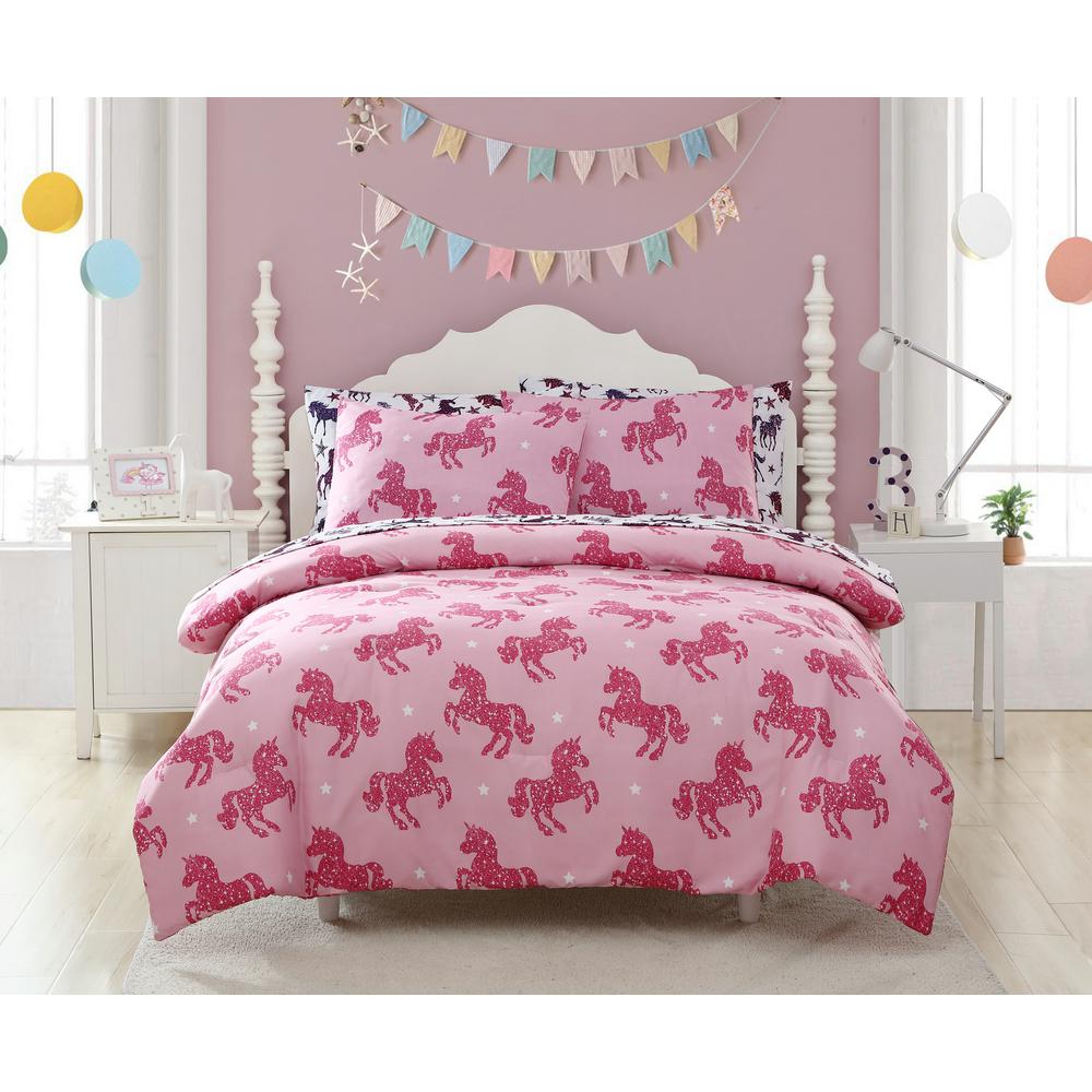 Kute Kids 3 Piece Shimmering Glitter Unicorn Full Comforter Set