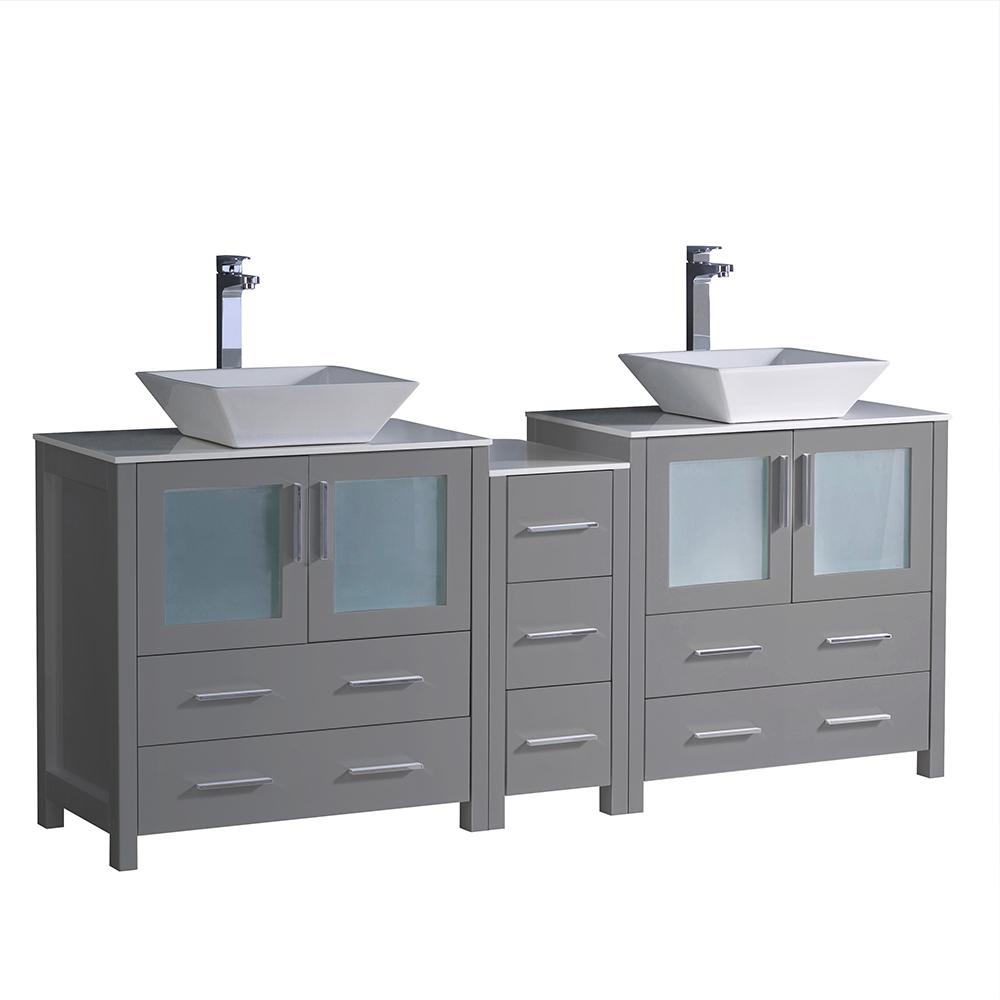 Fresca Torino 72 In W Double Bath Vanity Gray With Gl Stone W Double Bath Vanity In Gray With Gl Stone Top White Vessel Sink Middle Cabinet