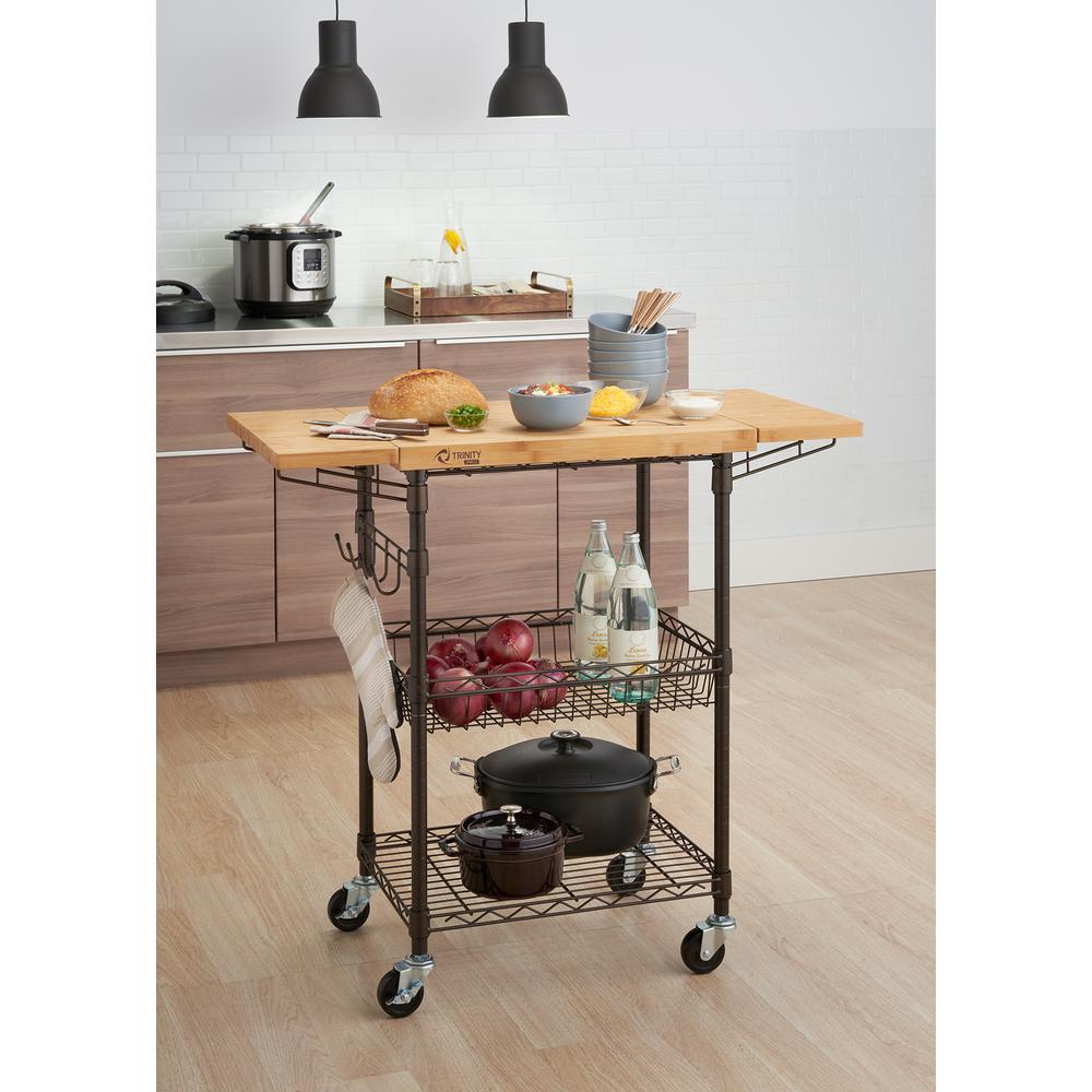 TRINITY PRO Bronze Anthracite Cart with Expandable Bamboo Top Kitchen