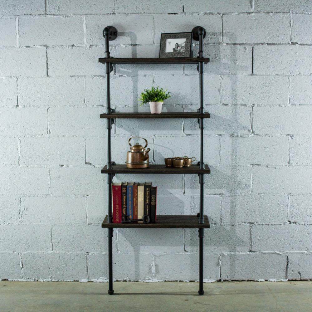 Furniture Pipeline Sacramento Farmhouse Black 67 In Sacramento Farmhouse Black 67 In Wall 4 Shelf Etagere Pipe Bookcase Display Metal Reclaimed Wood