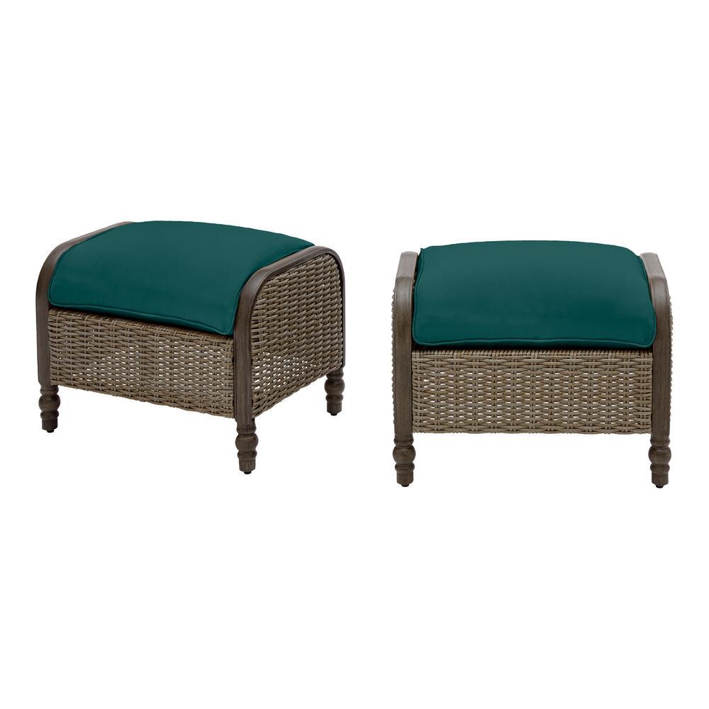 Hampton Bay Windsor Brown Wicker Outdoor Patio Ottoman with CushionGuard Malachite Cushions (2