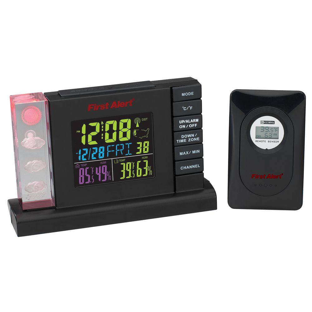 First Alert Radio Controlled Weather Station Alarm Clock with Wireless Sensor by First Alert