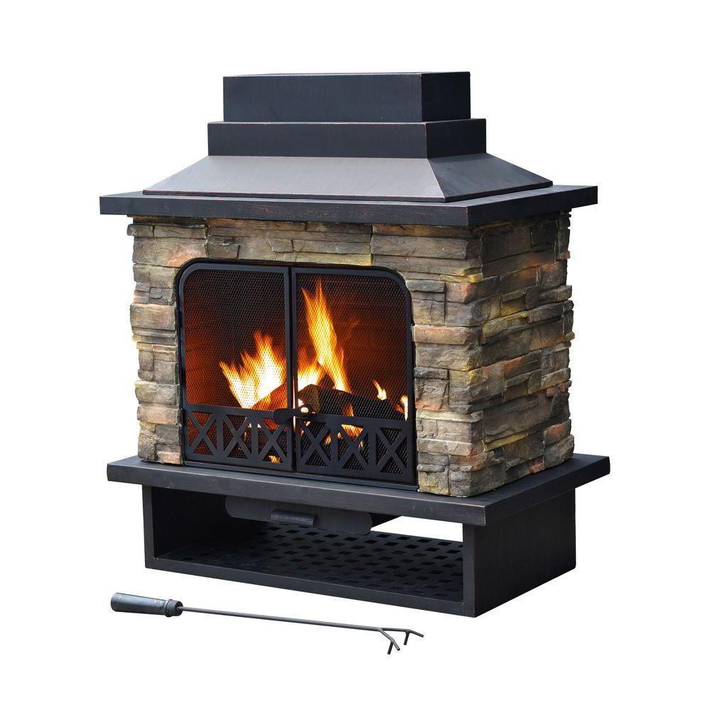 Sunjoy Huntsville 42 in. x 24 in. Steel Faux Stone Outdoor Fireplace-L ...