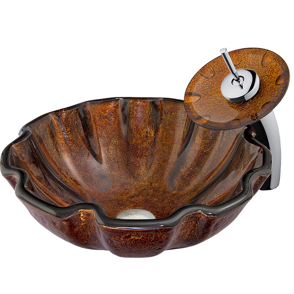 VIGO Walnut Shell Vessel Sink in Brown with Waterfall Faucet in ChromeVGT032CHRND The Home Depot