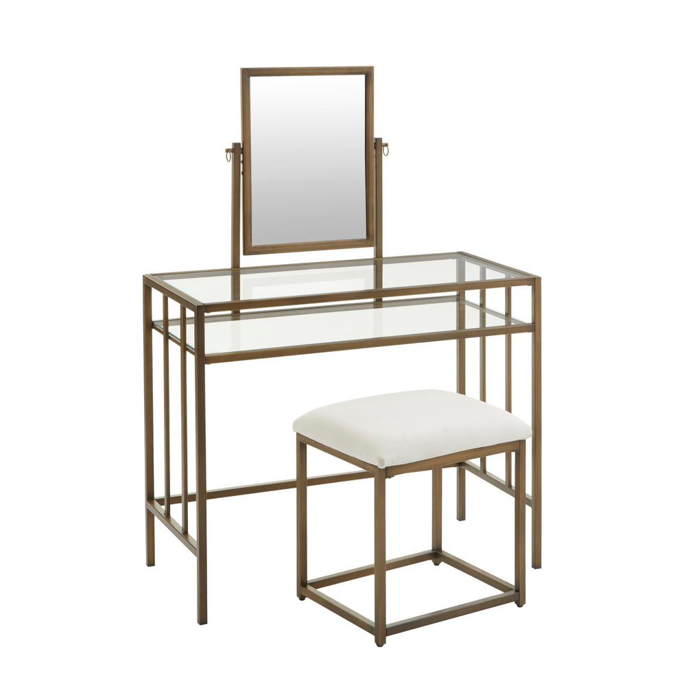 Stylewell Bevanton Gold Metal Vanity Set With Ivory Upholstered Stool 3610 In W X 5157 In H Vs8006 The Home Depot