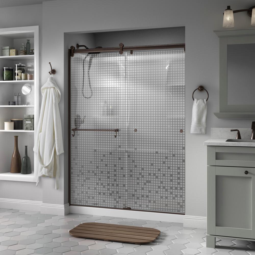 Delta Portman 60 x 71 in. Frameless Contemporary Sliding Shower Door in Bronze with Mozaic Glass