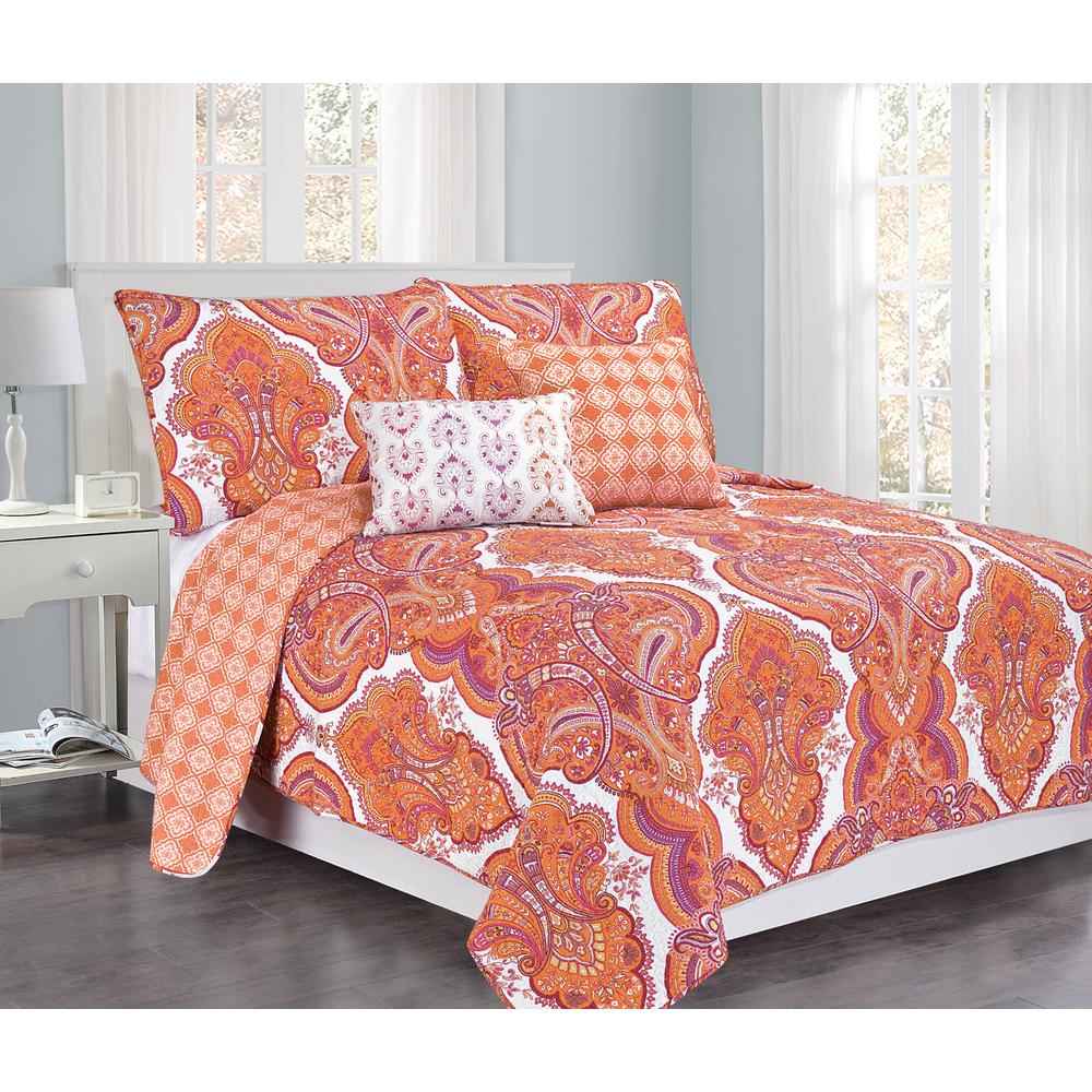 Brilliance Paisley 4-Piece Cotton Quilt Set Orange and ...