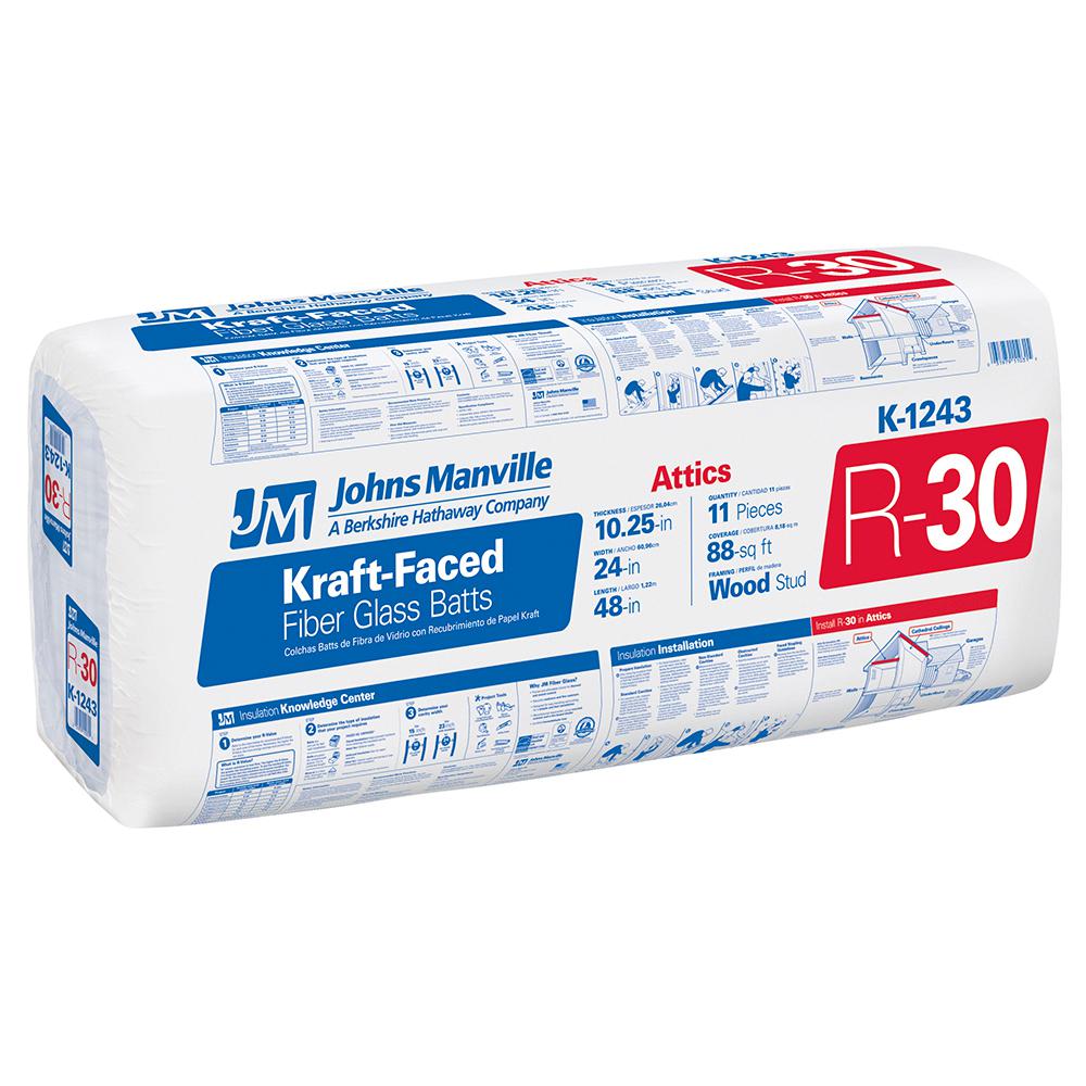 Johns Manville R 30 Kraft Faced Fiberglass Insulation Batt 24 In X 48 In K1243 The Home Depot