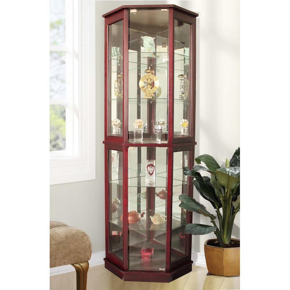 Floor Standing Walnut 5 Sided Lighted Corner Curio Cabinet
