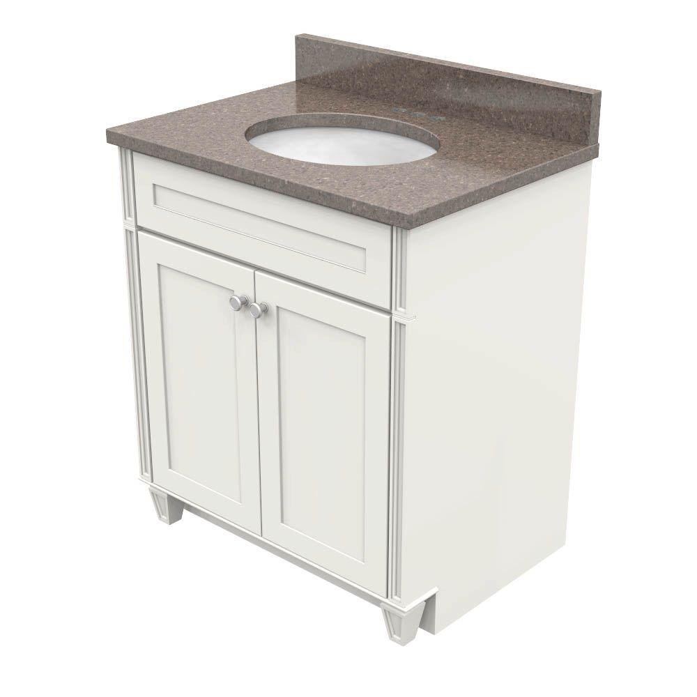 KraftMaid 30 in. Vanity in Dove White with Natural Quartz Vanity Top in Obsidian and White Basin ...