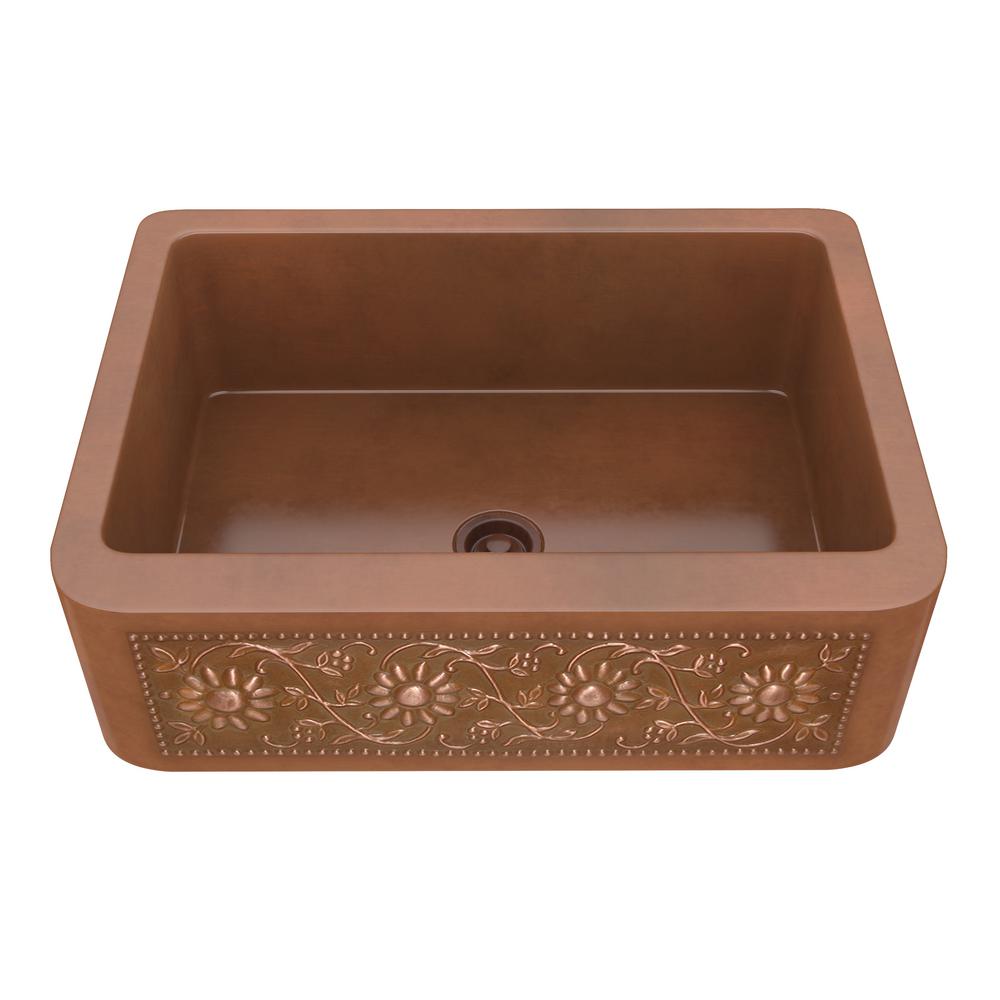 Anzzi Panter Farmhouse Handmade Copper 30 In Single Bowl Kitchen Sink With Daisy Design Panel Polished Antique