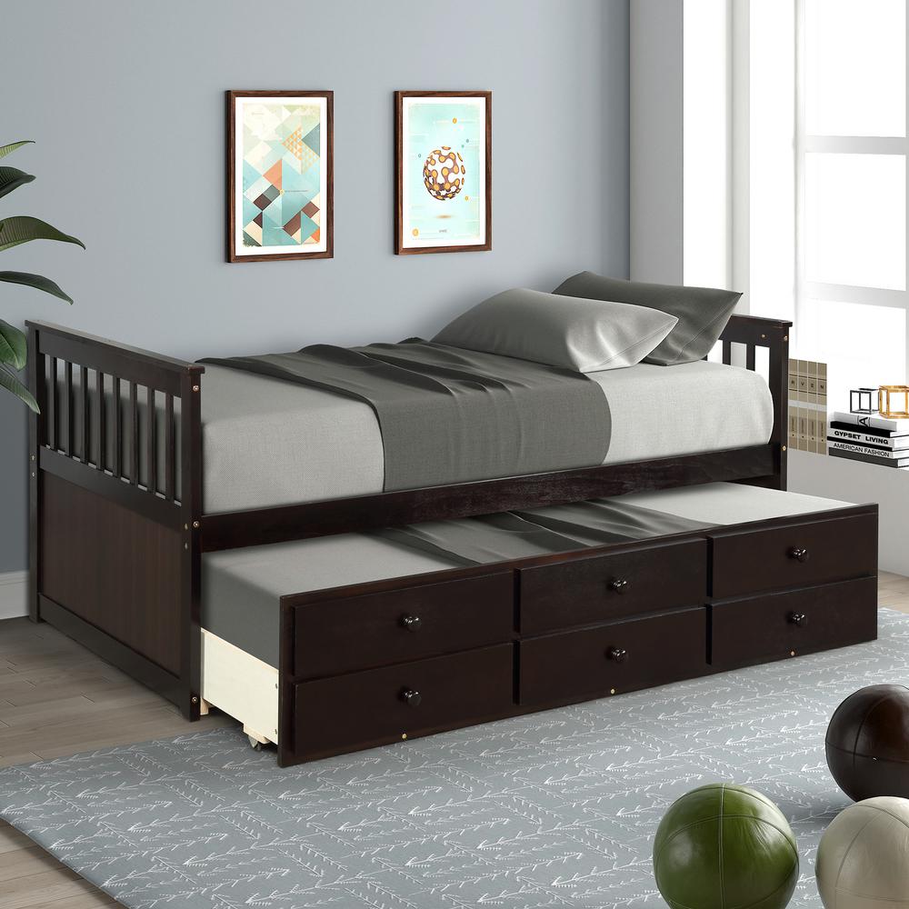 Harper & Bright Designs Espresso Twin Platform Bed with Trundle 