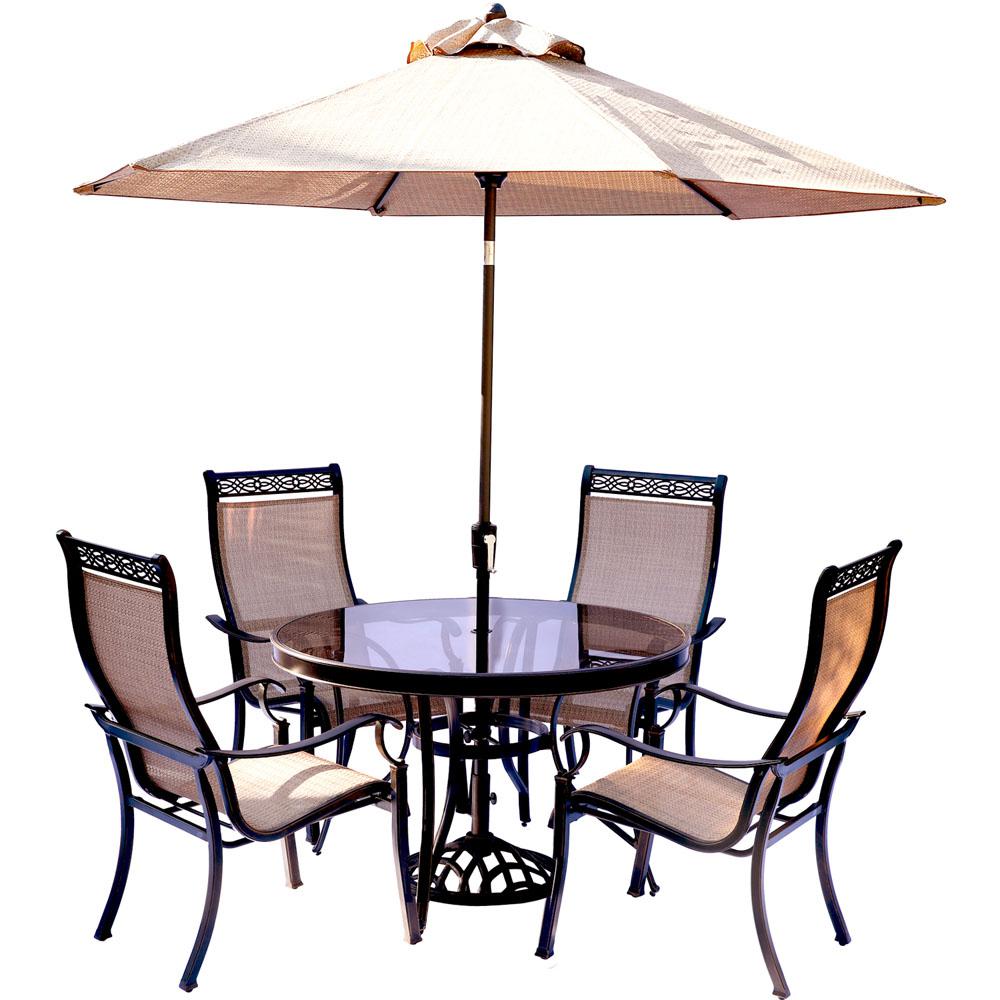 Hanover Monaco 5 Piece Outdoor Dining Set With Round Glass Top Table And Contoured Sling Stationary Chairs Umbrella And Base