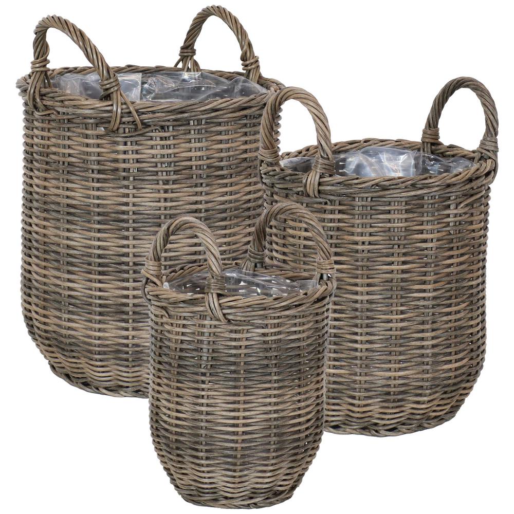 Sunnydaze Decor Round Polyrattan Basket Planter with Handles (Set of 3 ...