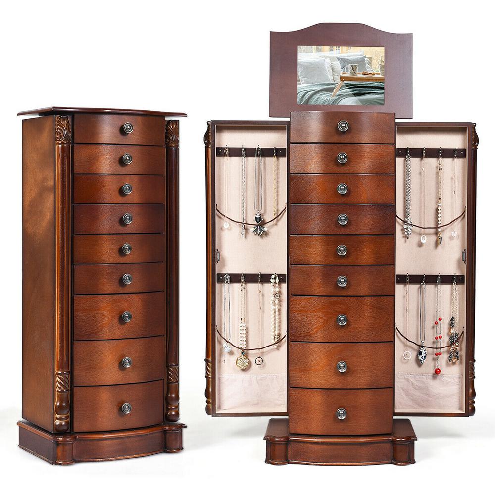 Costway Wood Jewelry Cabinet Armoire Box Storage Chest Stand Organizer Christmas Gift Walnut Hb83505 The Home Depot