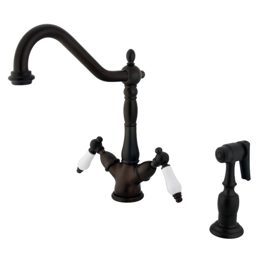 Kingston Brass Heritage 2 Handle Standard Kitchen Faucet With Side Sprayer In Oil Rubbed Bronze